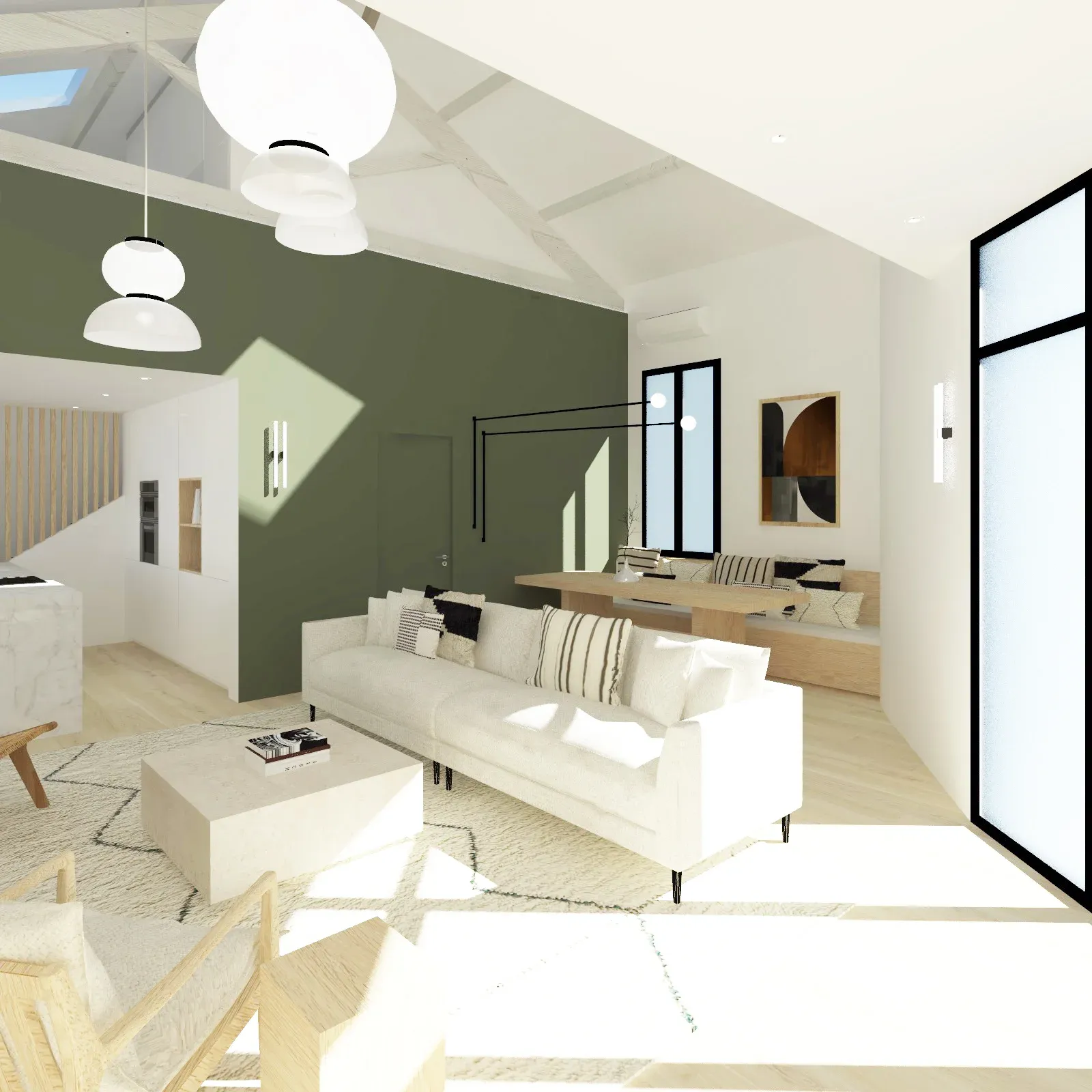 projet avec piece a vivre peinte en kaki avec double hauteur sous plafond