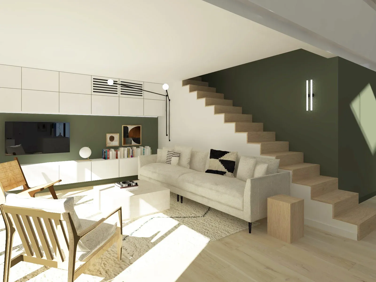 projet avec sejour avec escalier beton et revetement chene