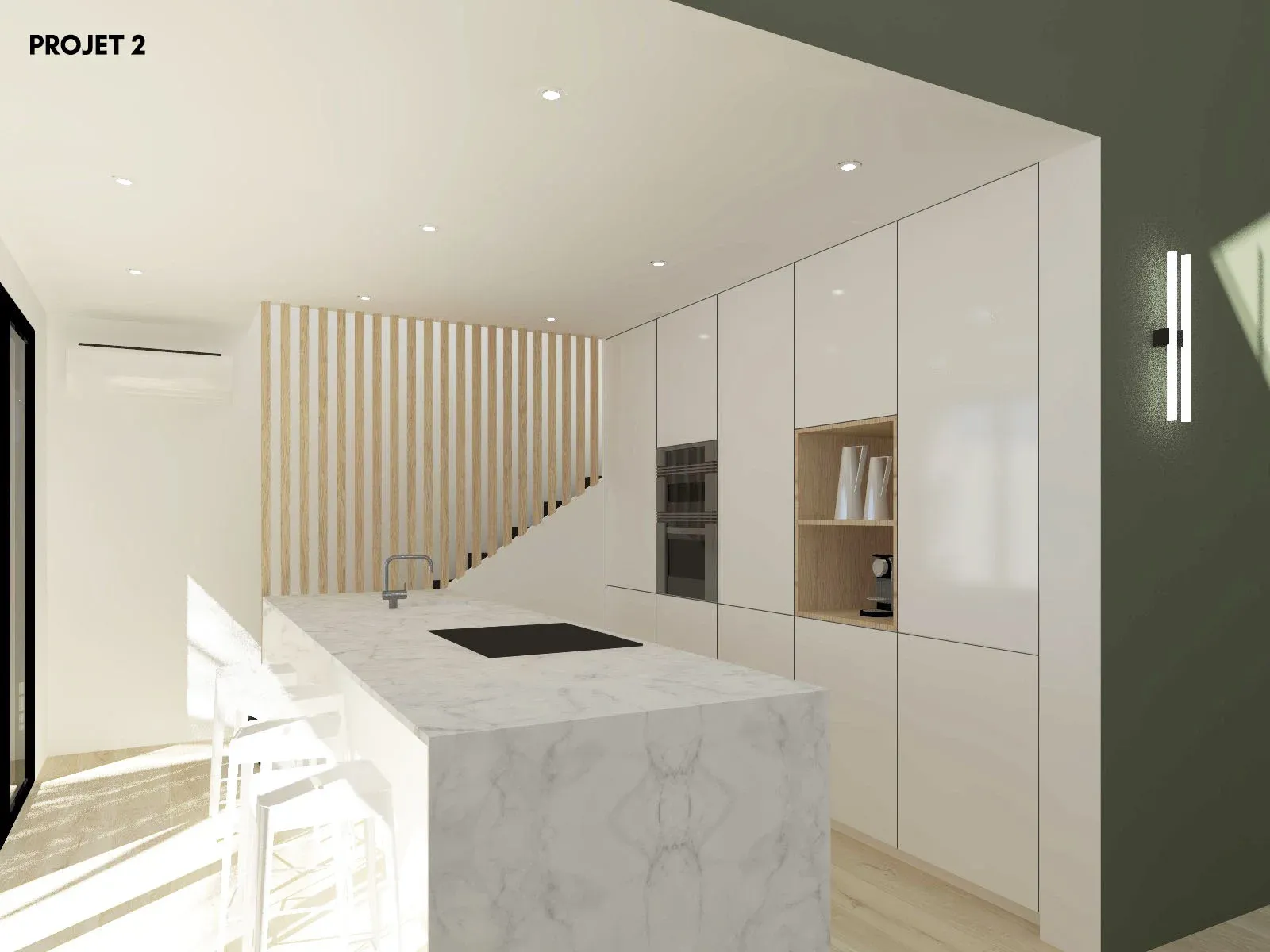 projet SD cuisine blanche avec ilot central equipe d un plan de travail en marbre et ventelles bois