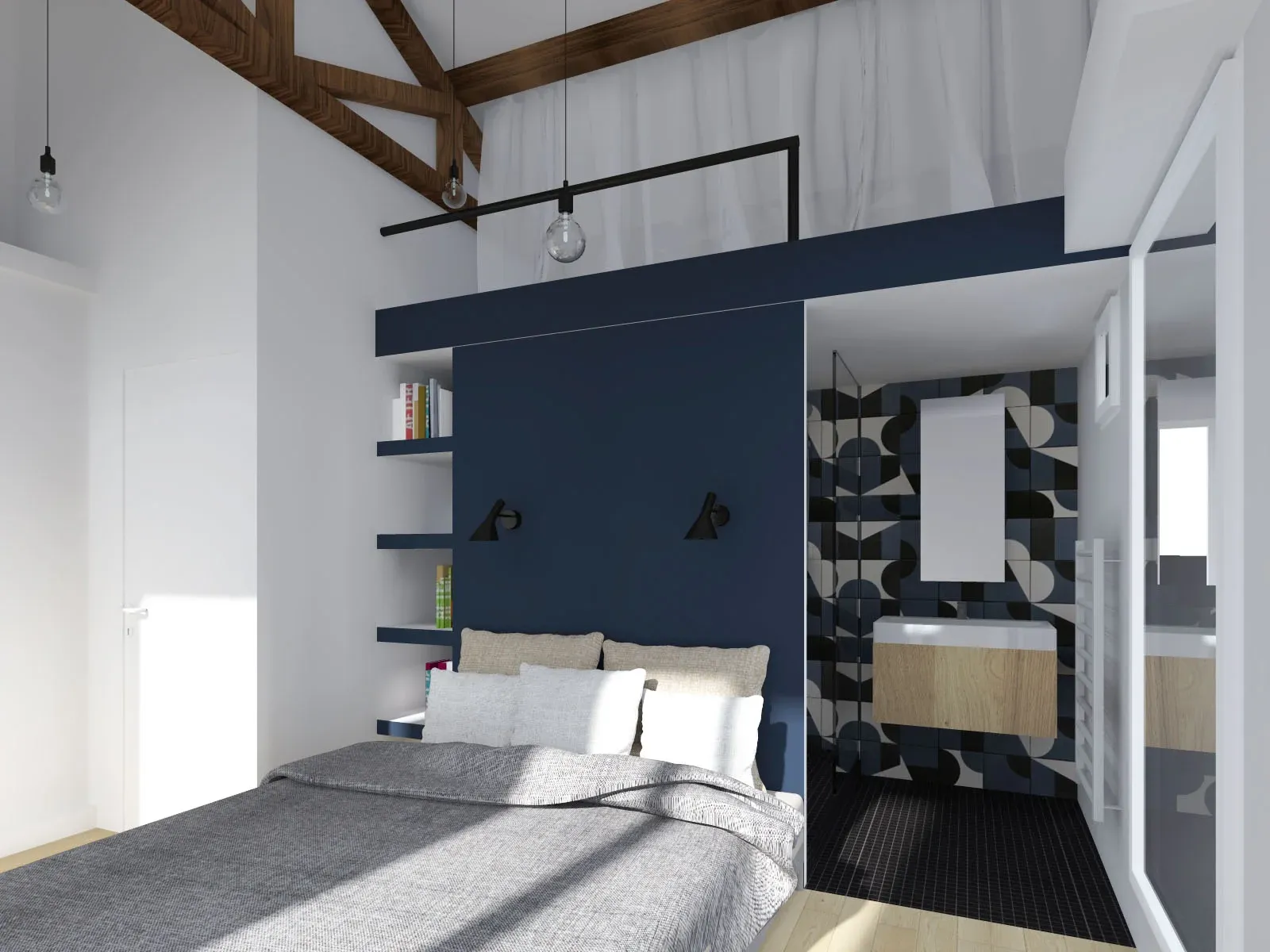 renovation suite parentale endoume marseille carrelage graphique bleu et blanc et tete de lit peinte en bleu